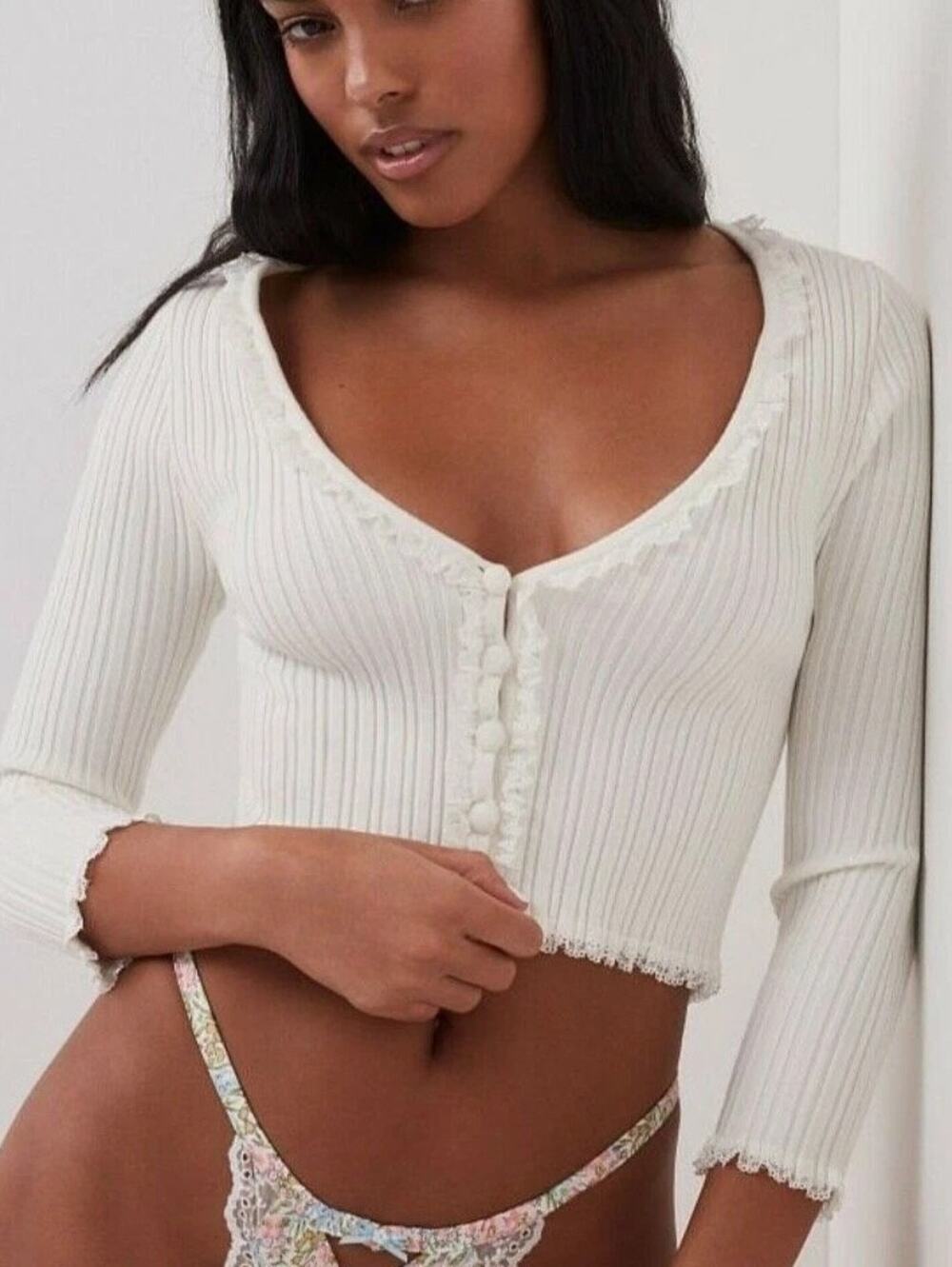 For Love & Lemons Cropped Lena Ribbed Knit Cardigan White Size Medium